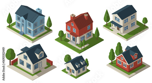 Charming isometric houses collection with detailed architectural elements and lush greenery