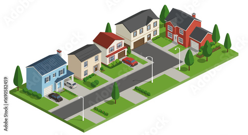 Charming isometric suburban street with colorful houses and lush greenery