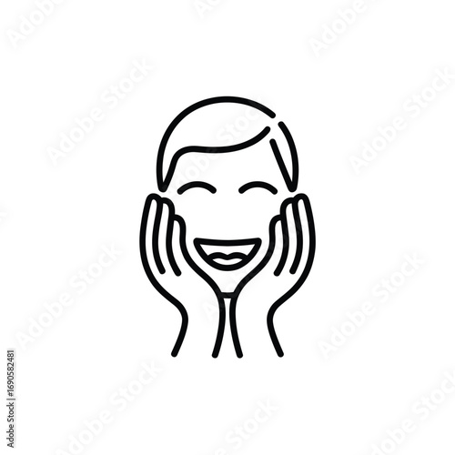 Line art icon of a happy person with hands on cheeks face smile