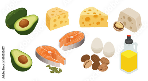 Assorted healthy fats in modern isometric design for nutrition themes