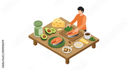 Isometric keto diet meal preparation with fresh ingredients and fish