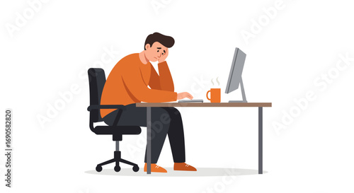 Overworked freelancer struggling at desk with coffee in modern home office setting
