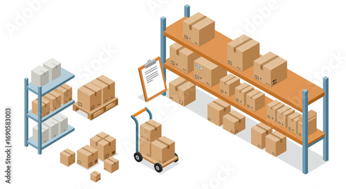 Isometric warehouse storage with boxes and shelving for logistics and supply chain management