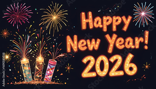 Happy New Year 2026 Firecracker Celebration Poster Colorful Explosions with Glowing Text and Night Sky Background Festive Holiday Greeting Design for Seasonal Announcements