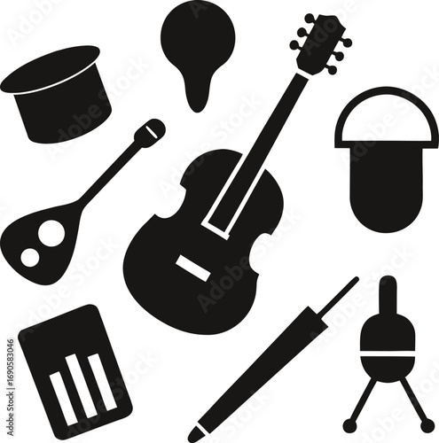Collection of musical instruments and objects silhouette isolated on white background isolated on transparent background