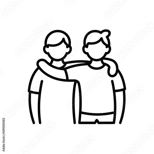 Line art icon of two friends with arms around each other friendship people