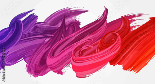 Abstract artwork featuring vibrant brushstrokes of purple, pink, and red colors on a white background.