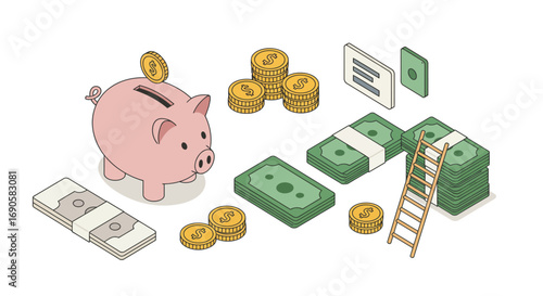 Isometric piggy bank and cash with ladder for savings and financial growth