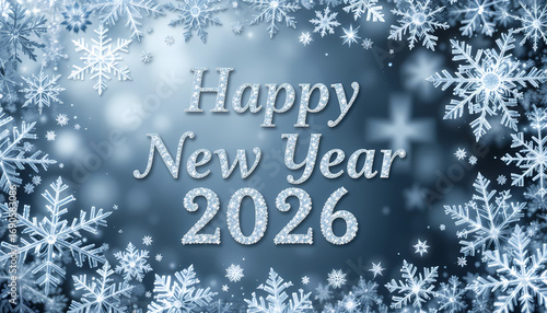 Happy New Year 2026 Snowflake Celebration Design Sparkly Typography with Winter Background in White and Blue Festive Holiday Greeting for Seasonal and Editorial Use