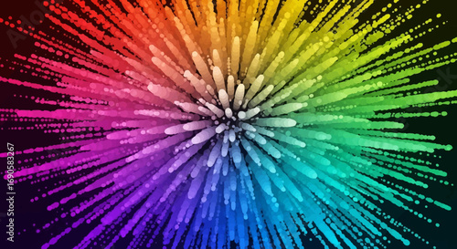 Vibrant abstract explosion of colorful light rays radiating outwards from a central point on a dark background, resembling a dynamic burst of energy or fireworks.
