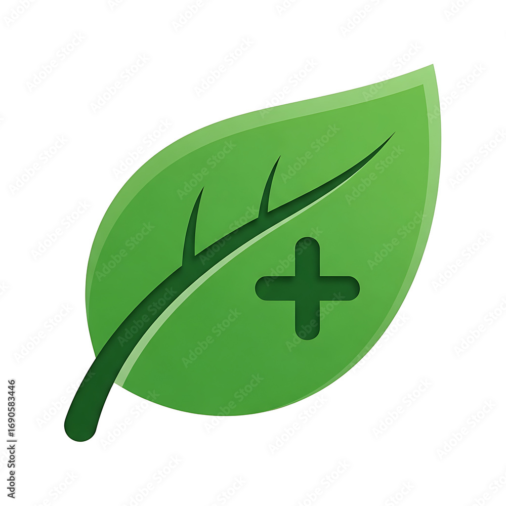 Fototapeta premium Green leaf with a plus symbol, representing health, nature, or growth.