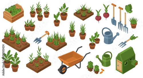 Isometric home gardening tools and plants collection for urban agriculture projects