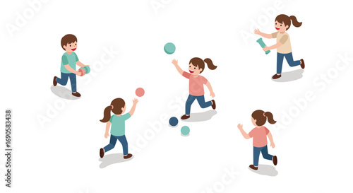 Children's playtime: kids playing ball in flat cartoon style