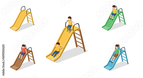 Isometric children playing on various colorful slides set