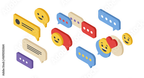 Colorful isometric chat and emoji icons for digital communication design