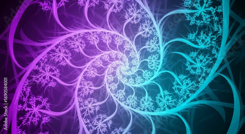 Vibrant fractal spiral with intricate branching patterns in a purple to blue gradient, creating a mesmerizing abstract design.