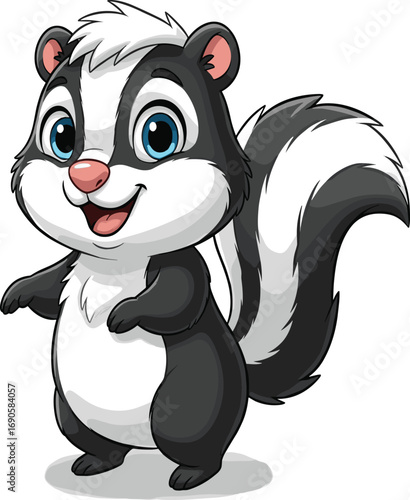 Cartoon skunk, smiling animal, black and white fur, bushy tail, cute forest creature, kids illustration, cheerful pose, friendly character, playful expression, standing upright