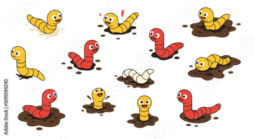 Cute cartoon worms in various poses and colors burrowing in soil