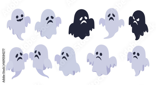 Cute cartoon ghosts with various expressions for halloween design and decoration