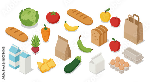 Isometric grocery items collection including fruits, vegetables, and essentials