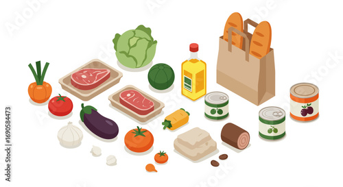 Isometric grocery set with fresh produce, meat, and pantry items on white background