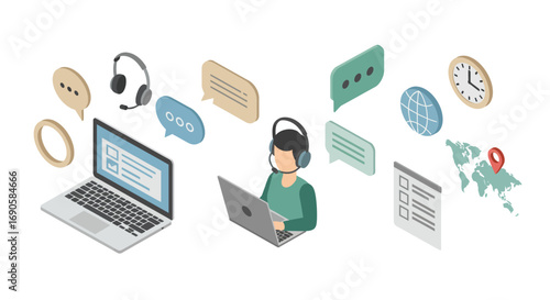 Customer support concept with laptops and headset in isometric design