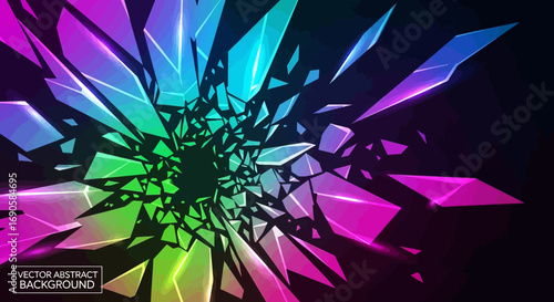Abstract shattered glass background with vibrant neon colors.