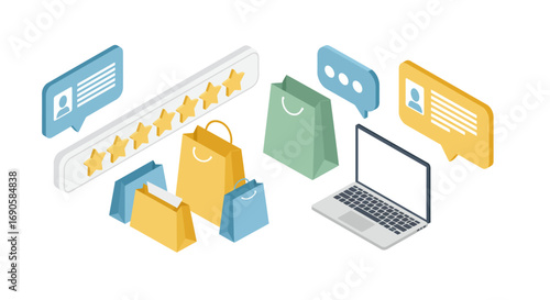 Isometric online shopping elements with shopping bags and star ratings