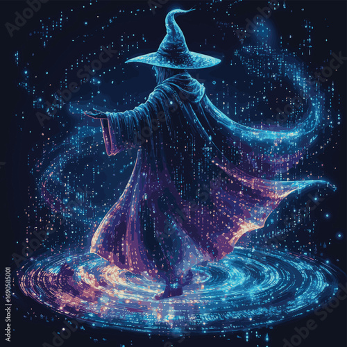 A digital wizard, glowing with ethereal energy, levitates amidst swirling data streams and binary code in vibrant cyberspace. , vector style simple color