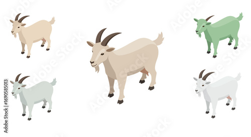 Isometric goats in various colors on white background