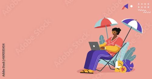 A person working remotely on a laptop while relaxing in a beach chair under umbrellas, symbolizing flexible work, digital nomad lifestyle, and vacation.