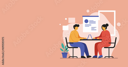 Two colleagues collaborate on laptops in a modern office setting, representing teamwork, business meetings, and professional partnership. Ideal for productivity and communication concepts.