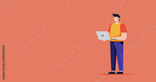 A vibrant illustration of a casually dressed man standing while working on a laptop. Perfect for themes of remote work, technology, productivity, and online education.