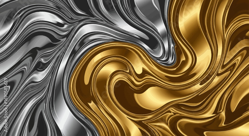 Abstract swirl of gold and silver metallic paint texture background.