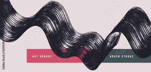 Black spiral brush strokes with grainy spray effect. Hand drawn curved lines form a bold horizontal banner. Distressed vector retro background with rough texture, scattered small dotted details.