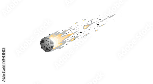 Dynamic meteor streaking through space with fiery trail on white background