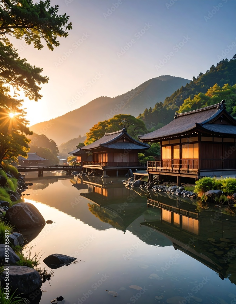 Obraz premium Tranquil Japanese temple at sunrise