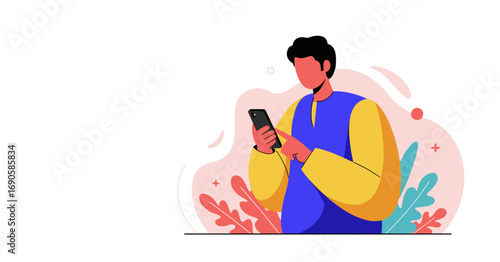 A modern man uses his smartphone, engaging with digital content or social media. Represents technology, communication, lifestyle, and online connectivity.