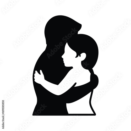 Silhouette of adult hugging child with love and protection on white background embrace