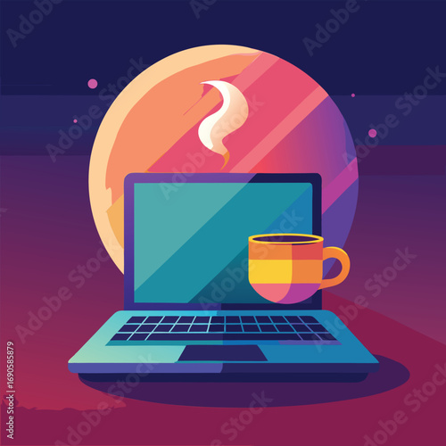 Flat illustration of a laptop with a steaming coffee cup and a large circular gradient vector