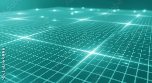 Abstract futuristic background with a glowing teal digital grid and light nodes representing a network.