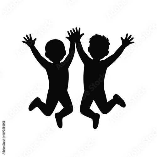 Silhouette of two children jumping and giving a high five on a white background kids