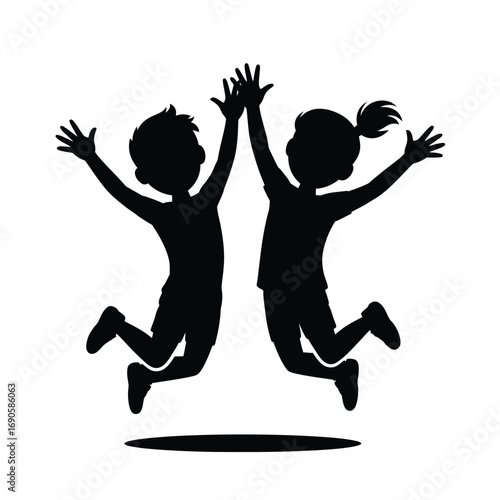 Silhouette of two children jumping and giving a high five on white background kids