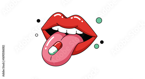 Pop art lips with pill and retro dots in bold colors