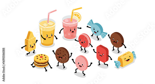 Cute cartoon beverage and snack characters with faces and arms