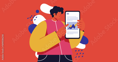 Professional illustration of a person using a smartphone to interact with data charts. Ideal for concepts of mobile business, financial analysis, digital innovation, and tech-savvy lifestyle.