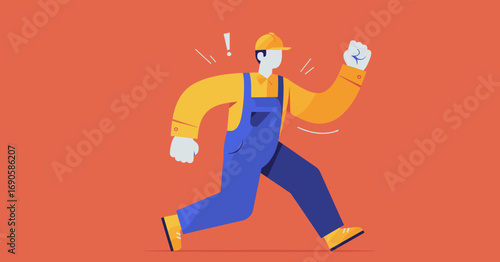 Urgent male worker in safety gear running with determination, symbolizing quick action, problem-solving, or efficient service in industry and business.
