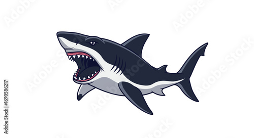 Dynamic cartoon shark on white background with open mouth and sharp teeth