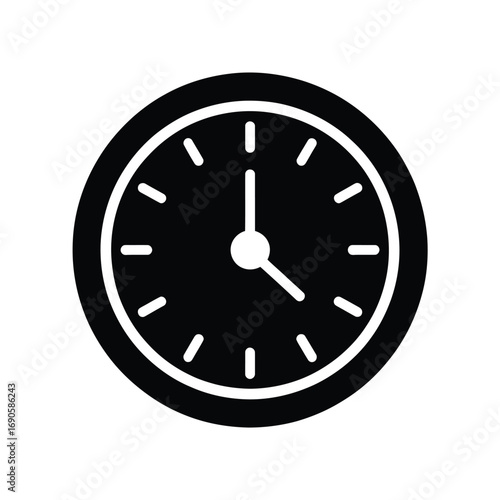 Simple black and white icon of a round clock face with hands time analog