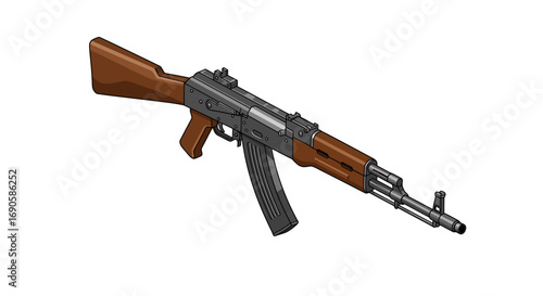 Isometric modern ak47 rifle with wood detailing and metallic finish